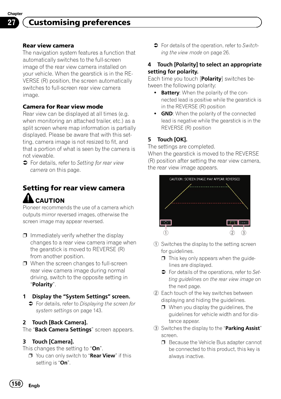 Setting for rear view camera 150, Setting for rear view, 27 customising preferences | Setting for rear view camera | Pioneer AVIC-F8430BT User Manual | Page 150 / 208