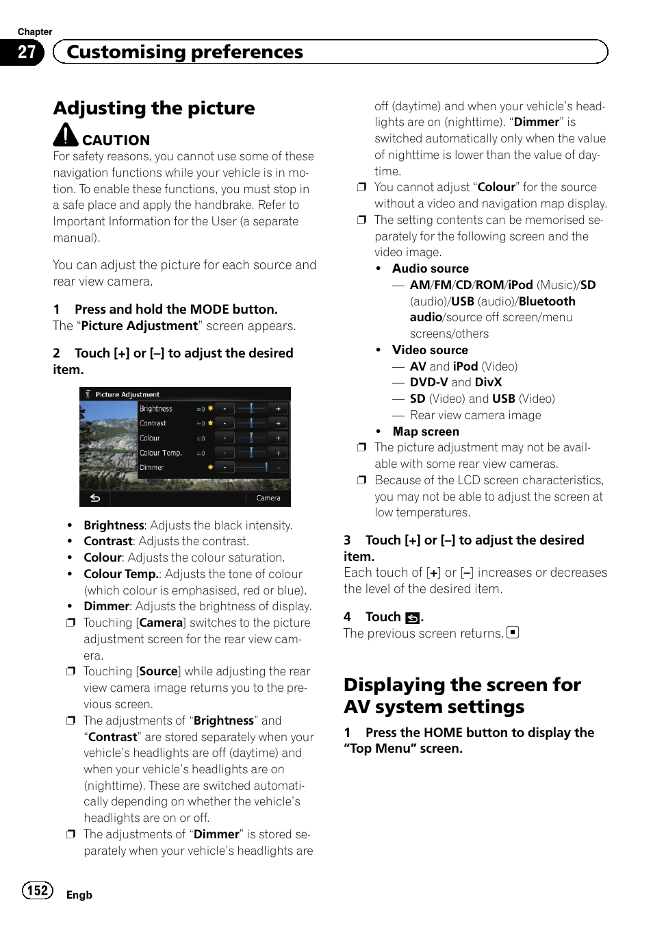 Adjusting the picture, Displaying the screen for av system, Settings | Adjusting the pic, Displaying the screen for, Displaying the screen for av system settings, 27 customising preferences | Pioneer AVIC-F8430BT User Manual | Page 152 / 208
