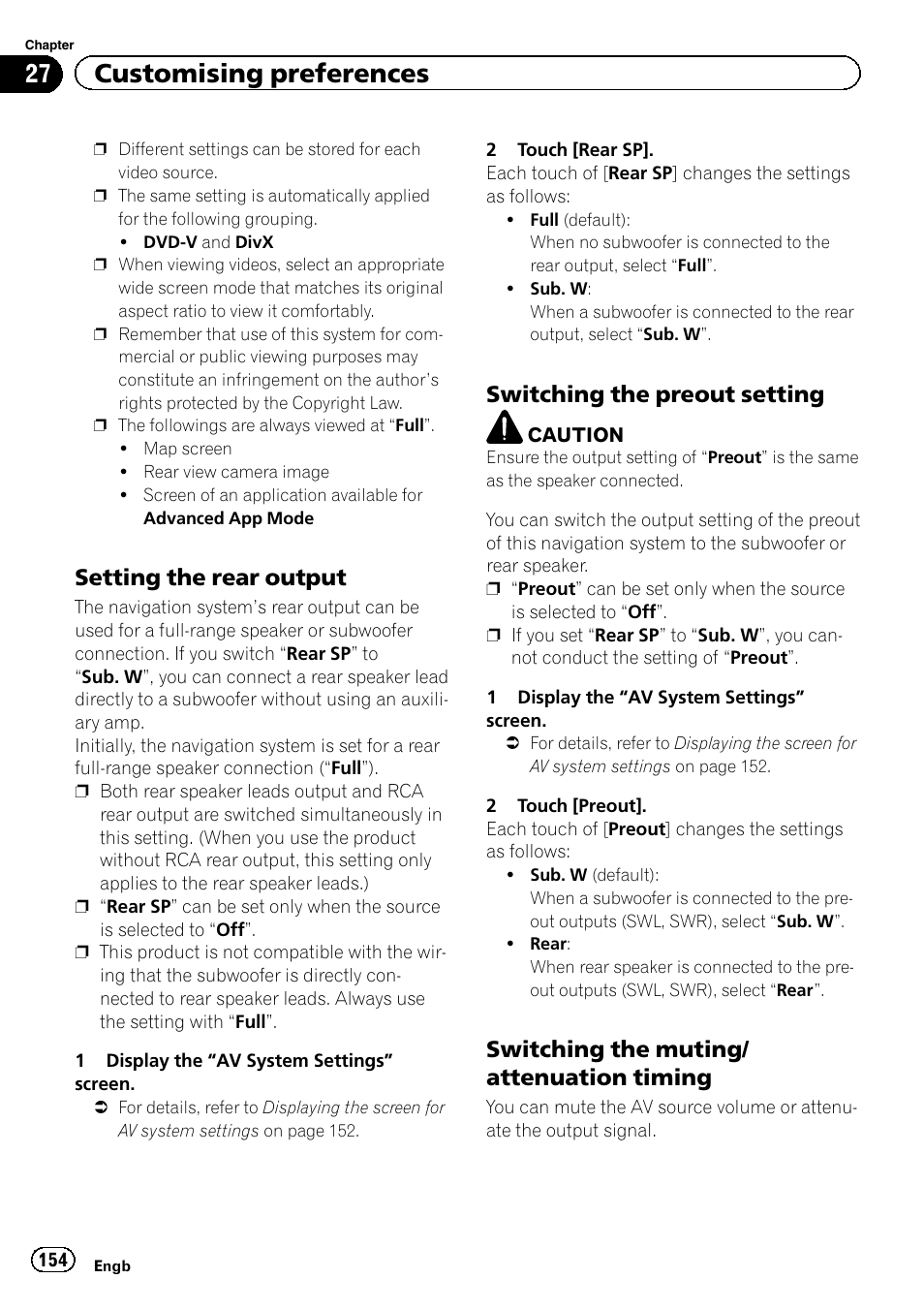 Setting the rear output 154, Switching the preout setting 154, Switching the muting/attenuation | Timing, 27 customising preferences, Setting the rear output, Switching the preout setting, Switching the muting/ attenuation timing | Pioneer AVIC-F8430BT User Manual | Page 154 / 208