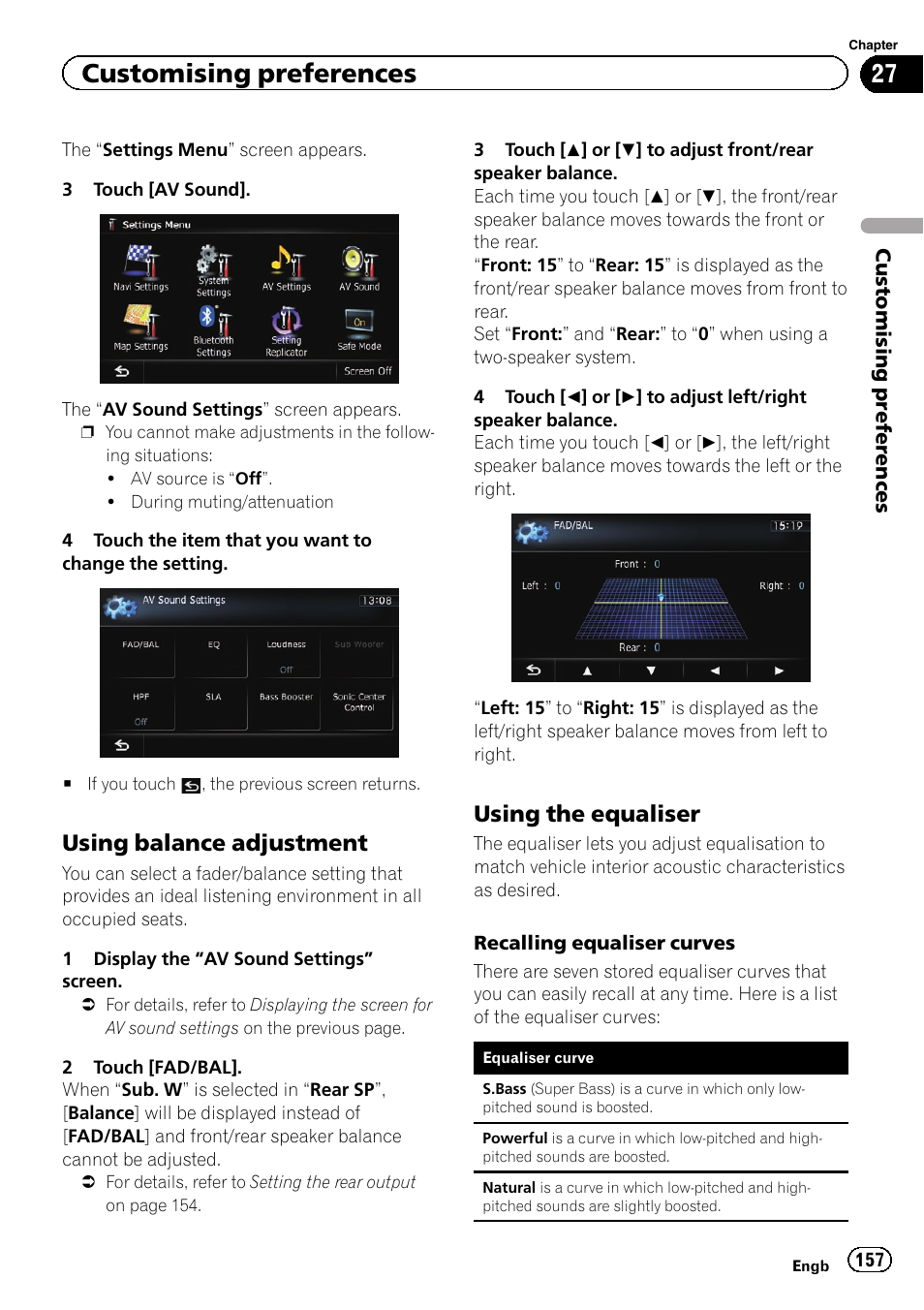 Using balance adjustment 157, Using the equaliser 157, Using the equaliser | Customising preferences, Using balance adjustment | Pioneer AVIC-F8430BT User Manual | Page 157 / 208