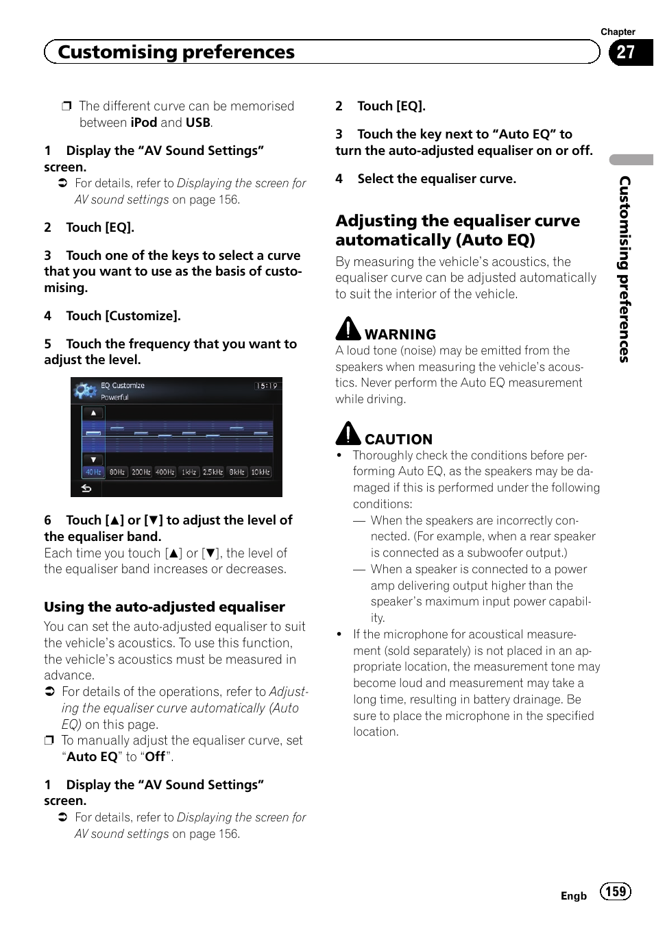 Adjusting the equaliser curve, Automatically (auto eq), Using the auto-ad | Adjust, Customising preferences | Pioneer AVIC-F8430BT User Manual | Page 159 / 208