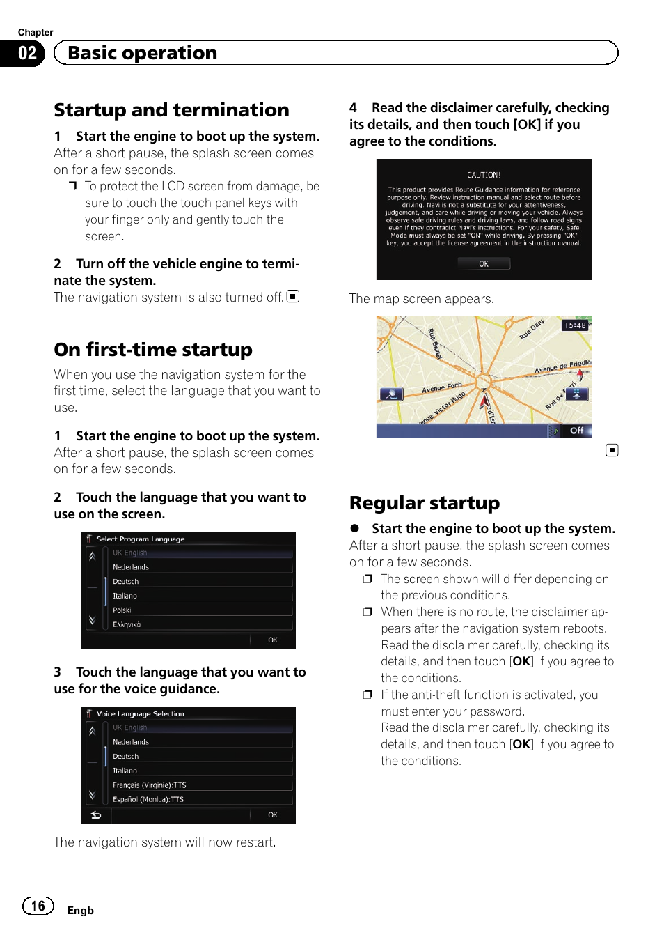 Startup and termination, On first-time startup, Regular startup | 02 basic operation | Pioneer AVIC-F8430BT User Manual | Page 16 / 208