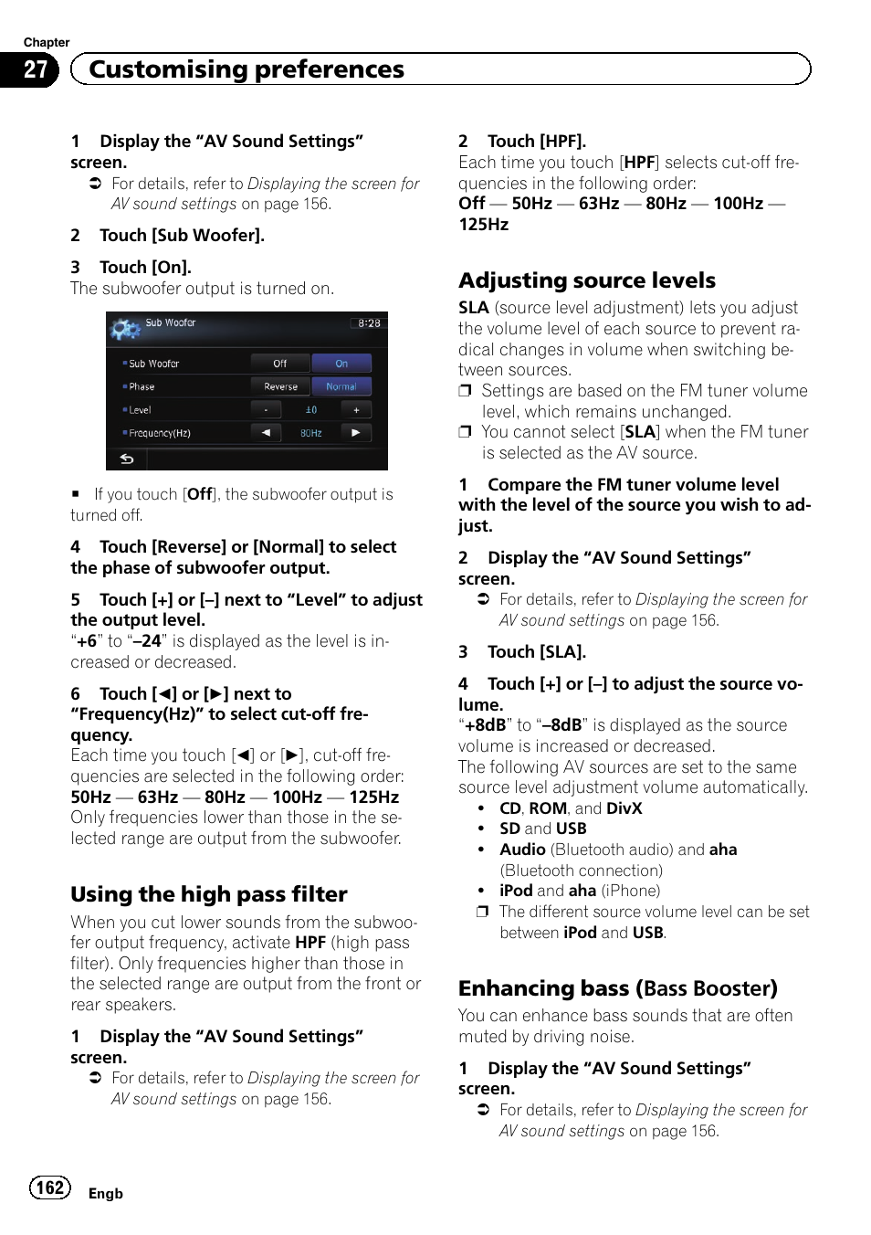 Using the high pass filter 162, Adjusting source levels 162, Enhancing bass (bass booster) 162 | 27 customising preferences, Using the high pass filter, Adjusting source levels, Enhancing bass (bass booster) | Pioneer AVIC-F8430BT User Manual | Page 162 / 208