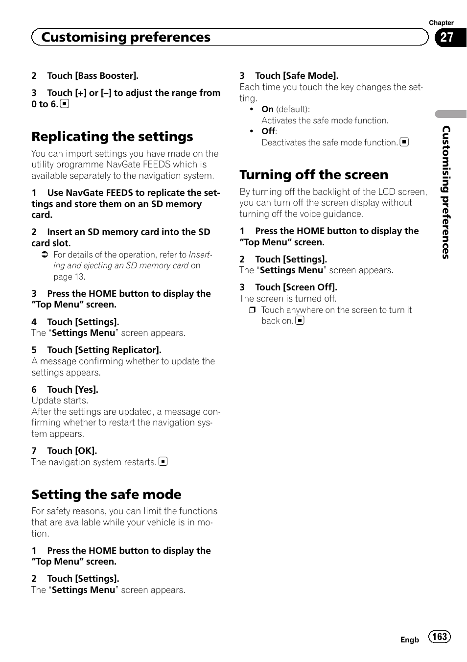 Replicating the settings, Setting the safe mode, Turning off the screen | Customising preferences | Pioneer AVIC-F8430BT User Manual | Page 163 / 208