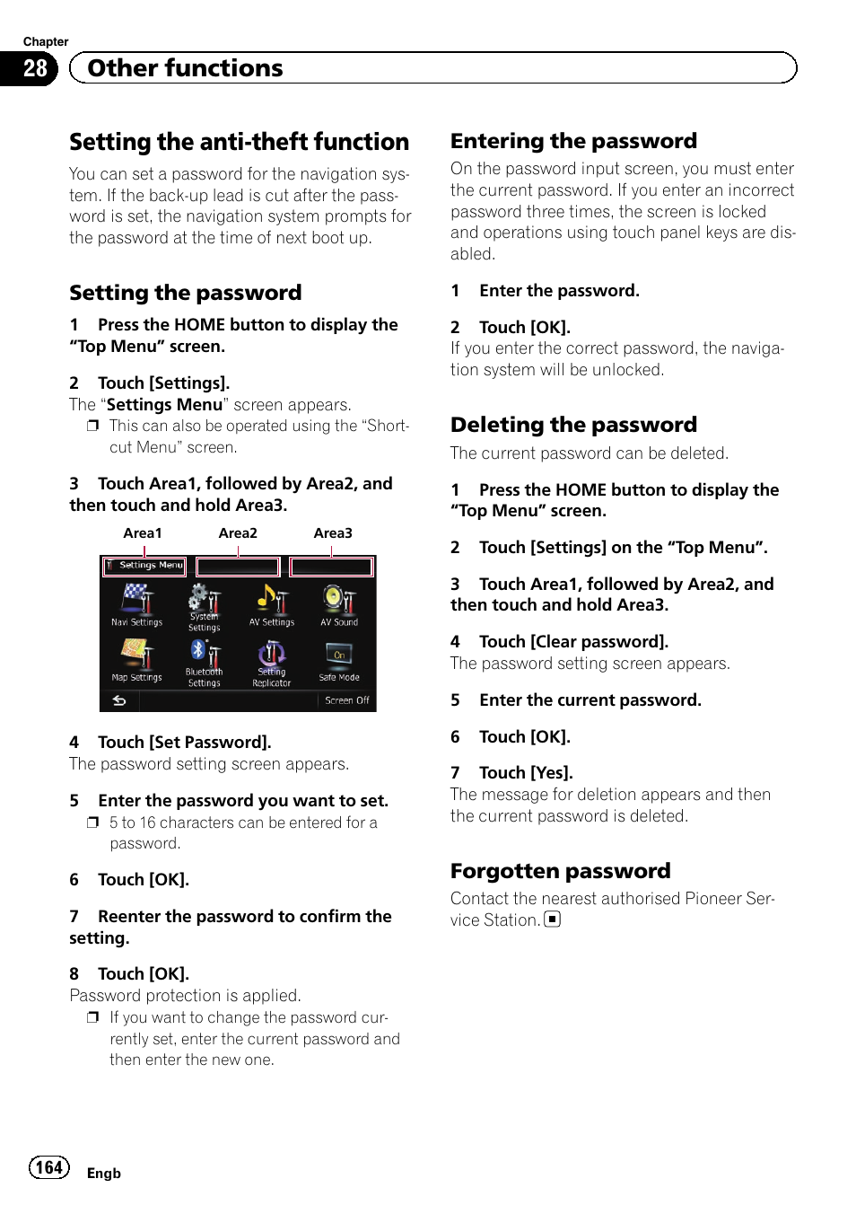 Other functions setting the anti-theft function, Setting the password 164, Entering the password 164 | Deleting the password 164, Forgotten password 164, Setting the anti-theft function, 28 other functions, Setting the password, Entering the password, Deleting the password | Pioneer AVIC-F8430BT User Manual | Page 164 / 208