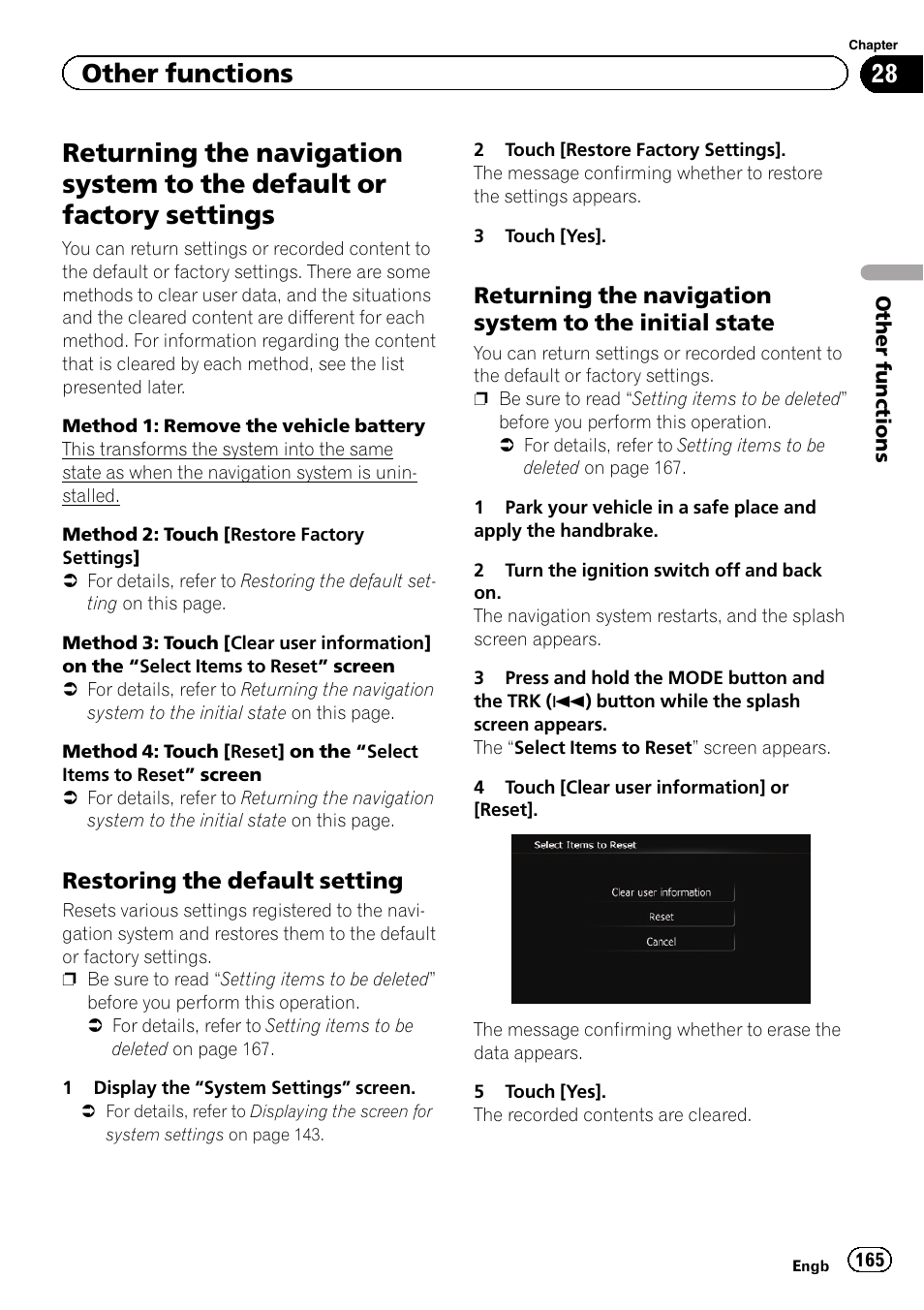 Returning the navigation system to the, Default or factory settings, Restoring the default setting 165 | Initial state, Other functions, Restoring the default setting | Pioneer AVIC-F8430BT User Manual | Page 165 / 208