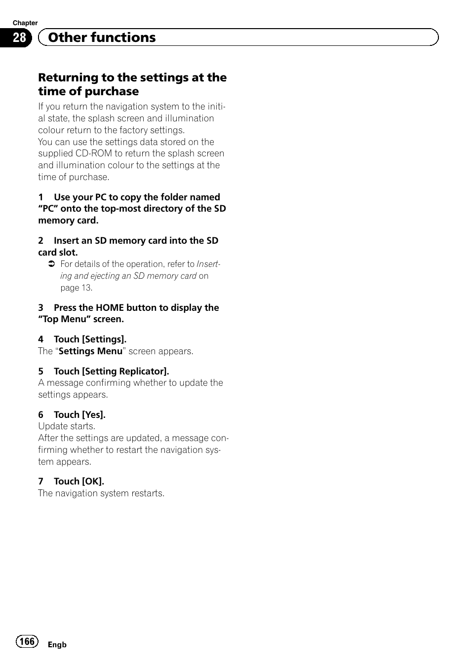Returning to the settings at the time of, Purchase, Return | 28 other functions, Returning to the settings at the time of purchase | Pioneer AVIC-F8430BT User Manual | Page 166 / 208