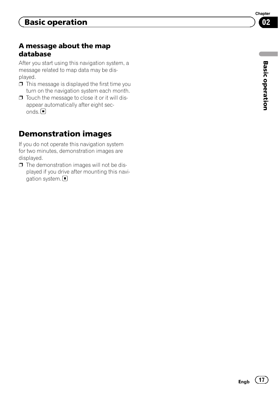 A message about the map, Database, Demonstration images | Basic operation | Pioneer AVIC-F8430BT User Manual | Page 17 / 208