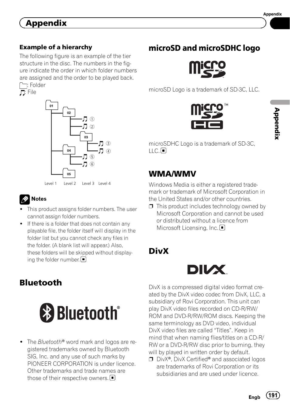 Bluetooth, Microsd and microsdhc logo, Wma/wmv | Divx, Appendix | Pioneer AVIC-F8430BT User Manual | Page 191 / 208