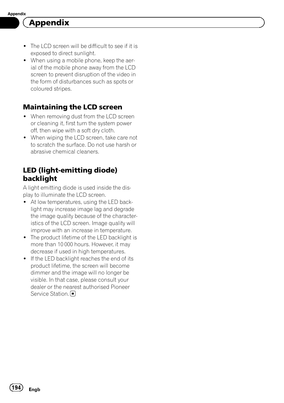 Maintaining the lcd screen 194, Led (light-emitting diode), Backlight | Appendix, Maintaining the lcd screen, Led (light-emitting diode) backlight | Pioneer AVIC-F8430BT User Manual | Page 194 / 208