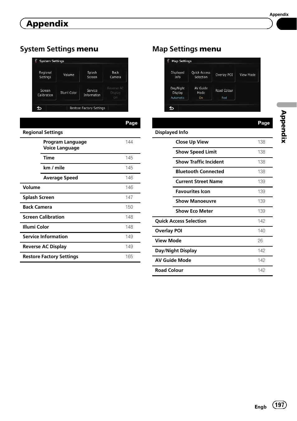 System settings menu 197, Map settings menu 197, System settings menu | Map settings menu, Appendix | Pioneer AVIC-F8430BT User Manual | Page 197 / 208