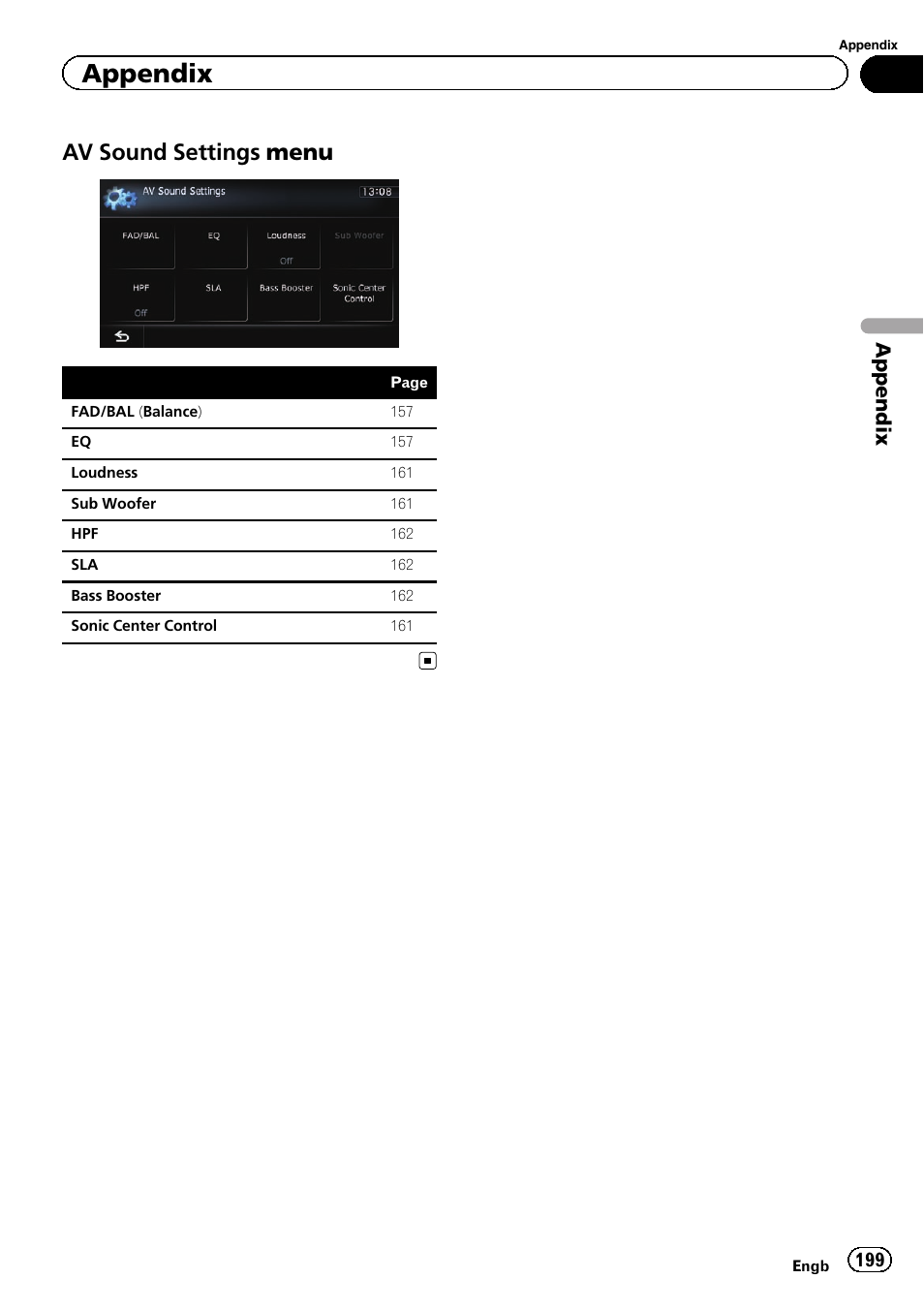 Av sound settings menu 199, Av sound settings menu, Appendix | Pioneer AVIC-F8430BT User Manual | Page 199 / 208