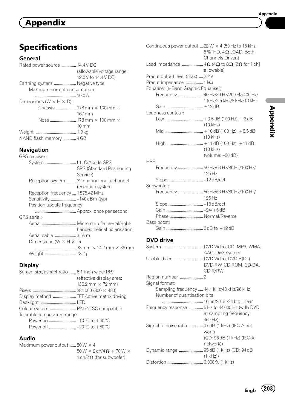 Specifications, Appendix, General | Navigation, Display, Audio, Dvd drive | Pioneer AVIC-F8430BT User Manual | Page 203 / 208