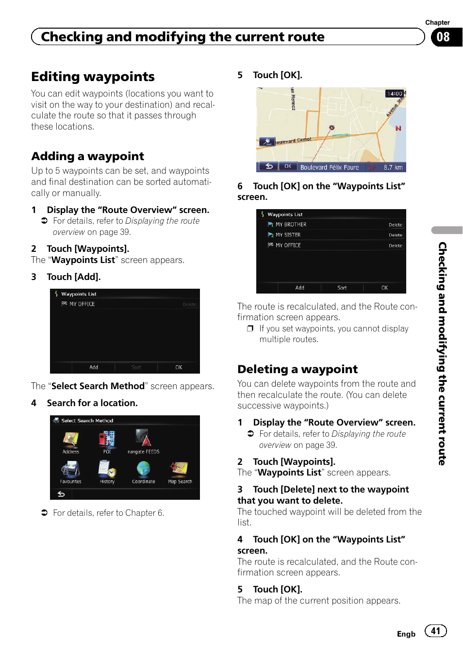 Editing waypoints, Adding a waypoint 41, Deleting a waypoint 41 | Editing waypoints on, Checking and modifying the current route, Adding a waypoint, Deleting a waypoint | Pioneer AVIC-F8430BT User Manual | Page 41 / 208