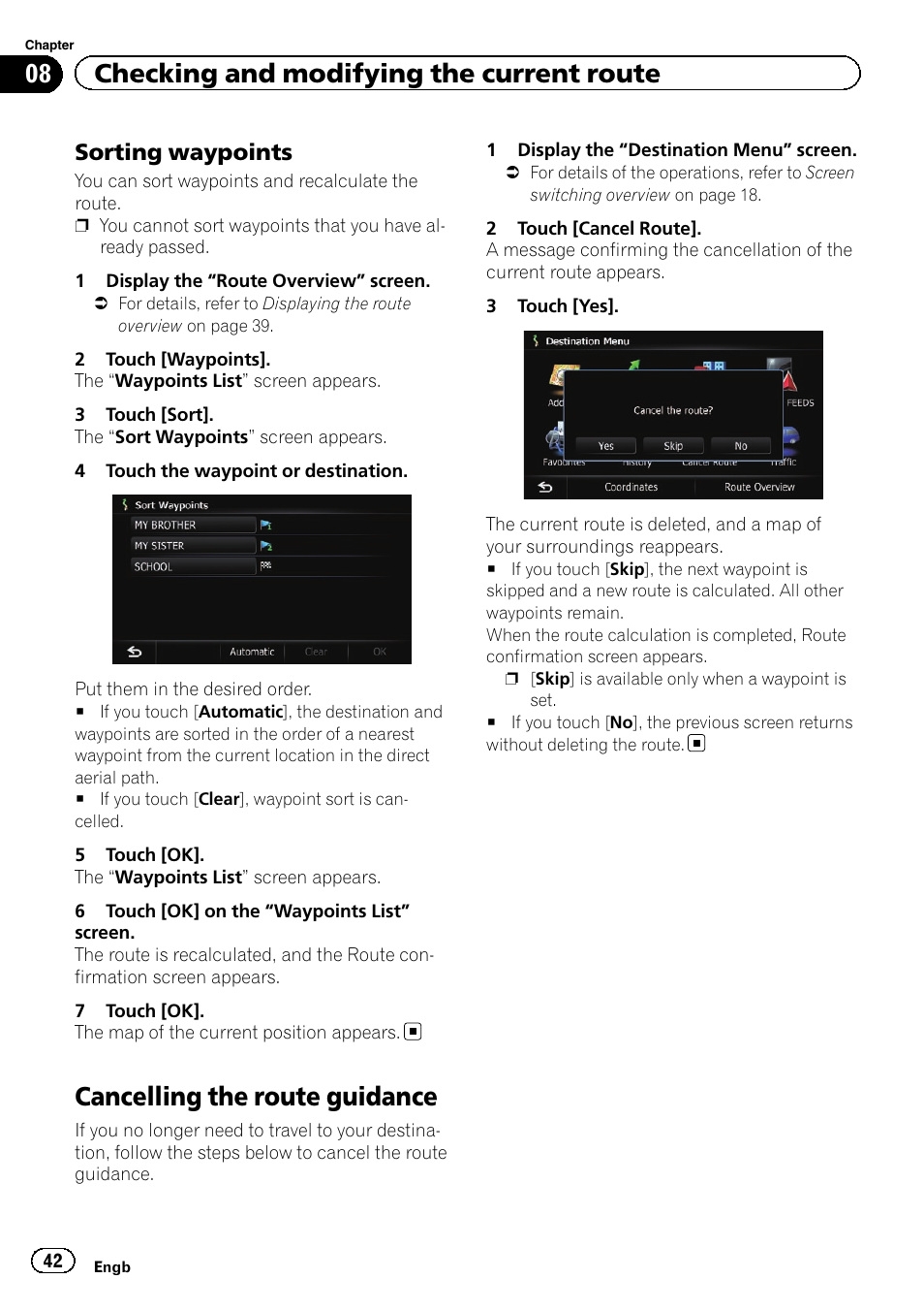 Sorting waypoints 42, Cancelling the route guidance, 08 checking and modifying the current route | Sorting waypoints | Pioneer AVIC-F8430BT User Manual | Page 42 / 208