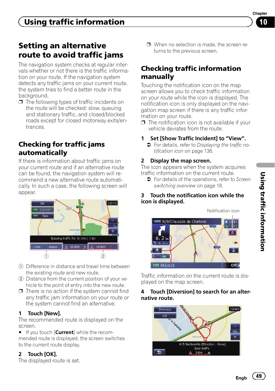 Setting an alternative route to avoid traffic, Jams, Checking for traffic jams | Automatically, Checking traffic information, Manually, Setting an alternative route to avoid traffic jams, Using traffic information, Checking for traffic jams automatically, Checking traffic information manually | Pioneer AVIC-F8430BT User Manual | Page 49 / 208