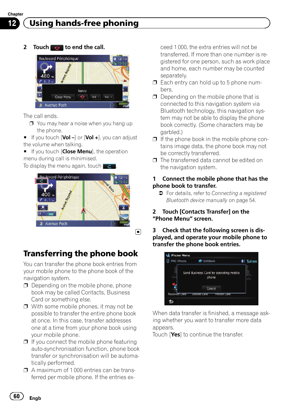 Transferring the phone book, Transferring the phone, 12 using hands-free phoning | Pioneer AVIC-F8430BT User Manual | Page 60 / 208