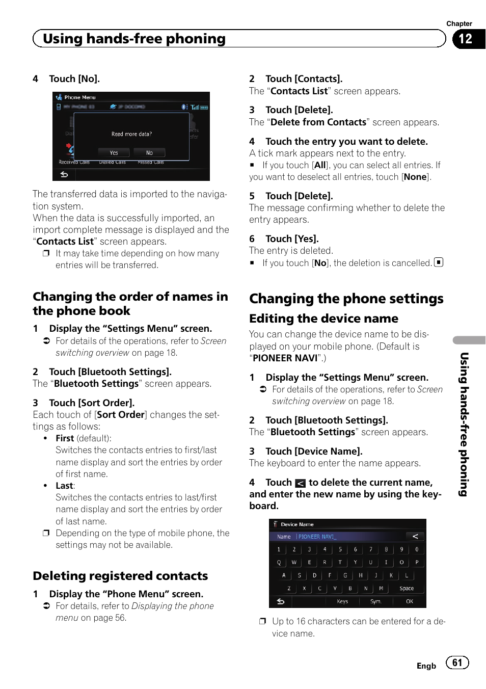 Changing the order of names in the, Phone book, Deleting registered contacts 61 | Changing the phone settings, Editing the device name 61, Using hands-free phoning, Changing the order of names in the phone book, Deleting registered contacts, Editing the device name | Pioneer AVIC-F8430BT User Manual | Page 61 / 208