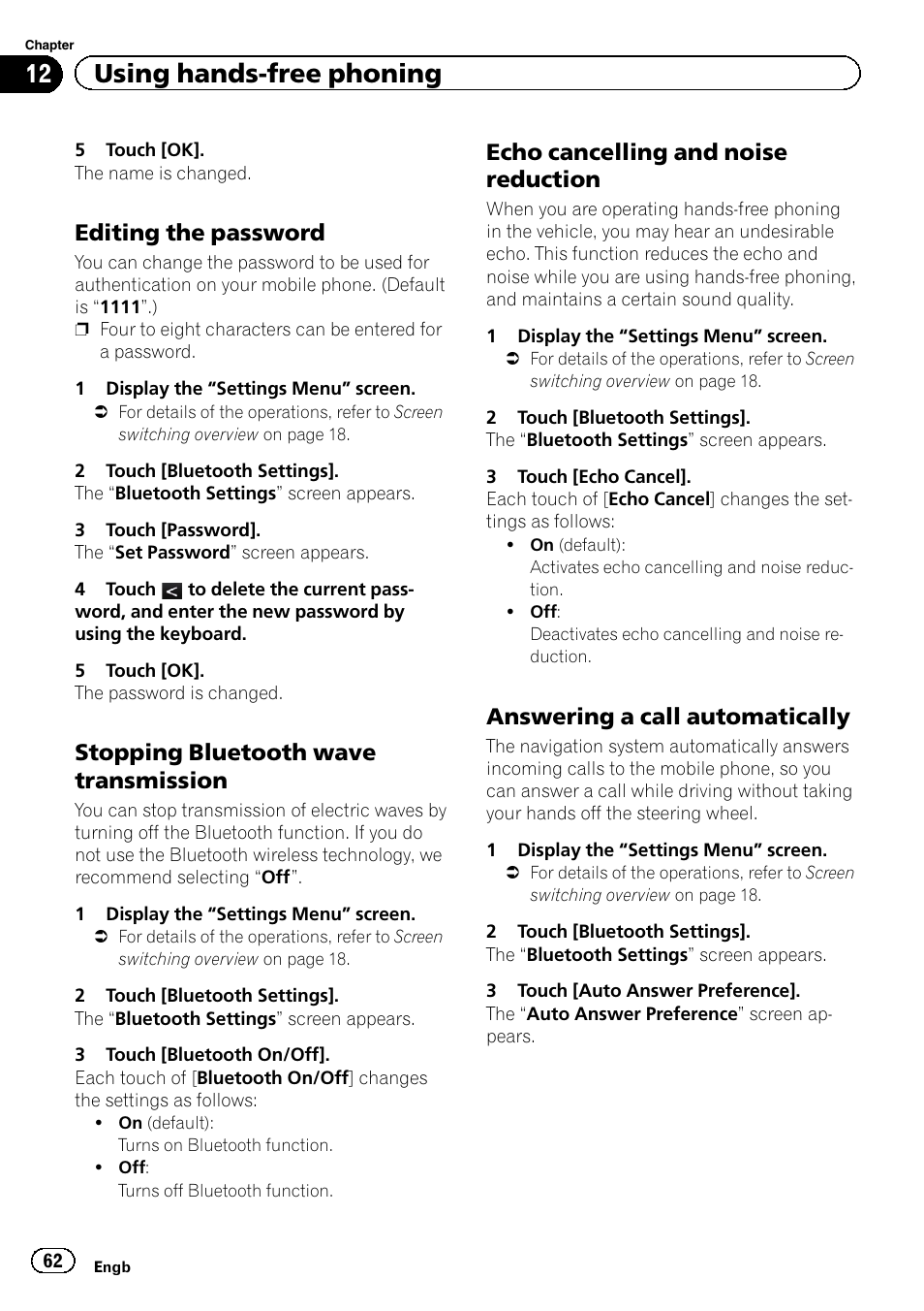 Editing the password 62, Stopping bluetooth wave, Transmission | Echo cancelling and noise, Reduction, Answering a call automatically 62, Answering a call, 12 using hands-free phoning, Editing the password, Stopping bluetooth wave transmission | Pioneer AVIC-F8430BT User Manual | Page 62 / 208