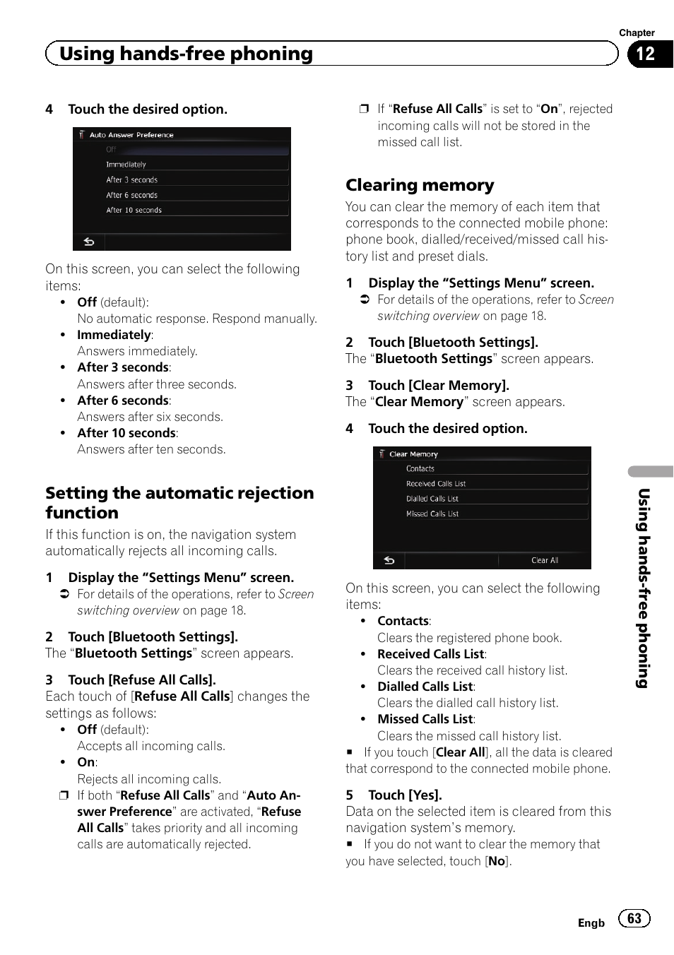 Setting the automatic rejection, Function, Clearing memory 63 | Using hands-free phoning, Setting the automatic rejection function | Pioneer AVIC-F8430BT User Manual | Page 63 / 208