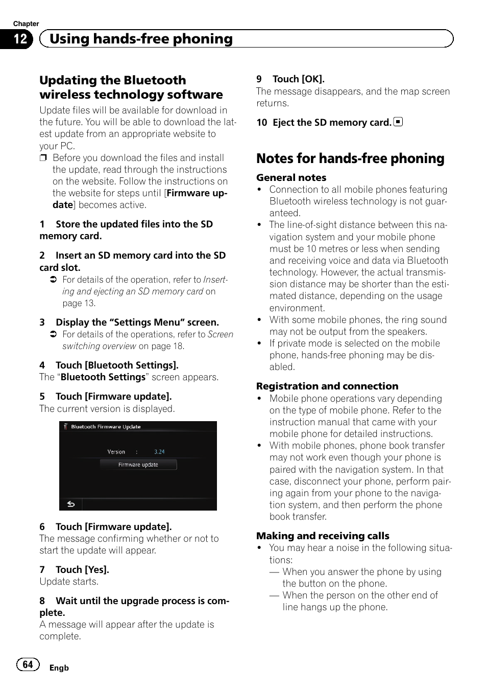 Updating the bluetooth wireless, Technology software, Notes for hands-free phoning | Notes for hands-free, 12 using hands-free phoning | Pioneer AVIC-F8430BT User Manual | Page 64 / 208