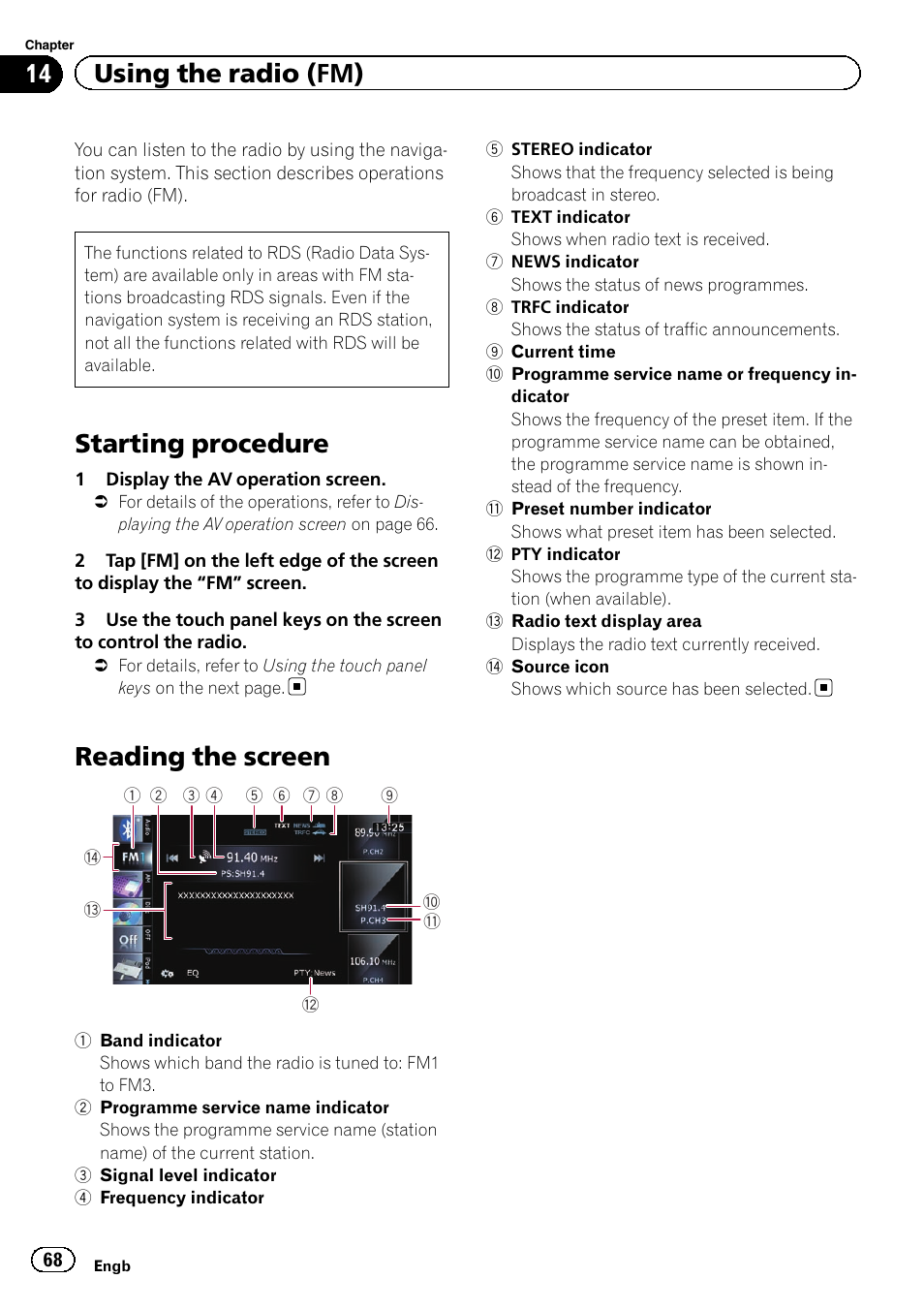 Using the radio (fm) starting procedure, Reading the screen, Starting procedure | 14 using the radio (fm) | Pioneer AVIC-F8430BT User Manual | Page 68 / 208