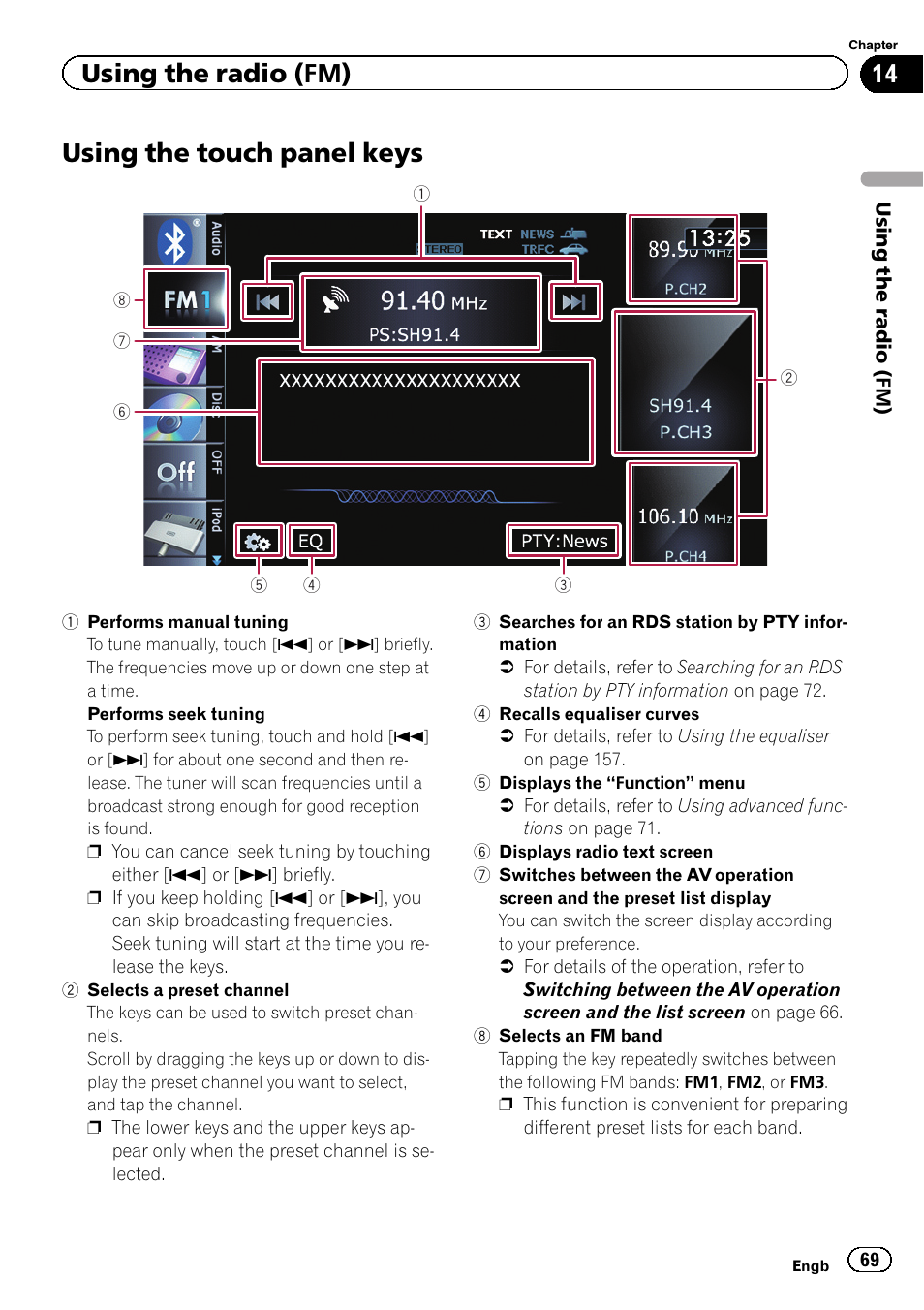Using the touch panel keys, Using the touch panel, Using the radio (fm) | Pioneer AVIC-F8430BT User Manual | Page 69 / 208
