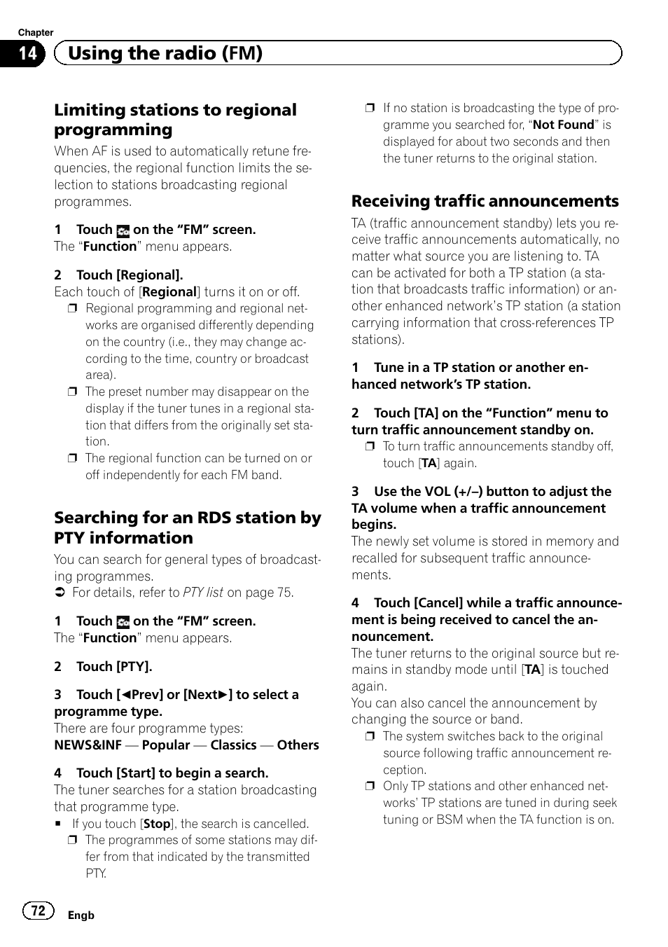 Limiting stations to regional, Programming, Searching for an rds station by pty | Information, Receiving traffic announcements 72, Searching for an rds, 14 using the radio (fm), Limiting stations to regional programming, Searching for an rds station by pty information, Receiving traffic announcements | Pioneer AVIC-F8430BT User Manual | Page 72 / 208