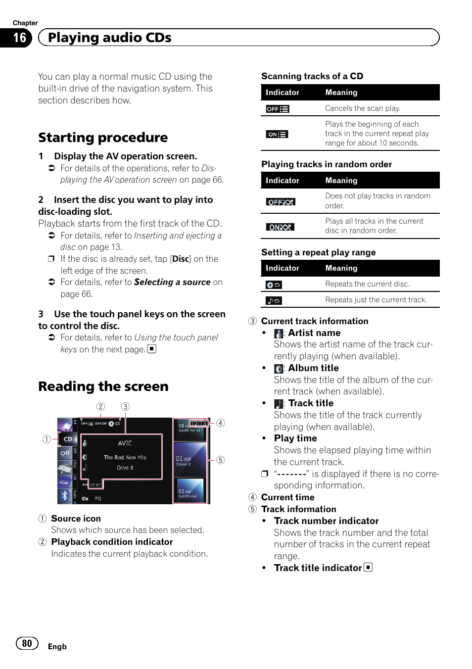 Playing audio cds starting procedure, Reading the screen, Starting procedure | 16 playing audio cds | Pioneer AVIC-F8430BT User Manual | Page 80 / 208