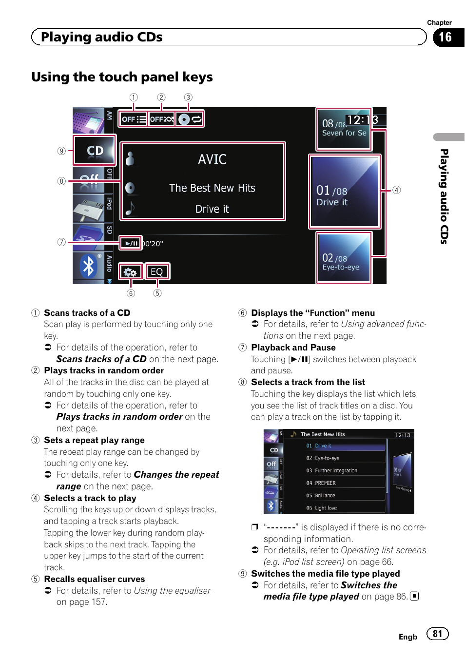 Using the touch panel keys, Using the touch panel, Playing audio cds | Pioneer AVIC-F8430BT User Manual | Page 81 / 208