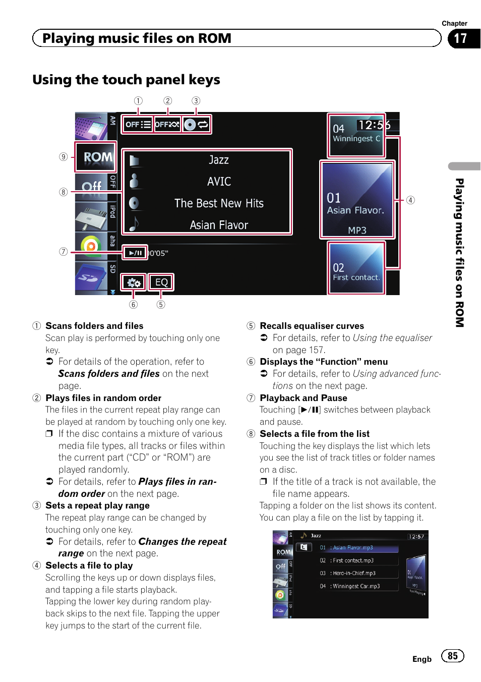 Using the touch panel keys, Playing music files on rom | Pioneer AVIC-F8430BT User Manual | Page 85 / 208