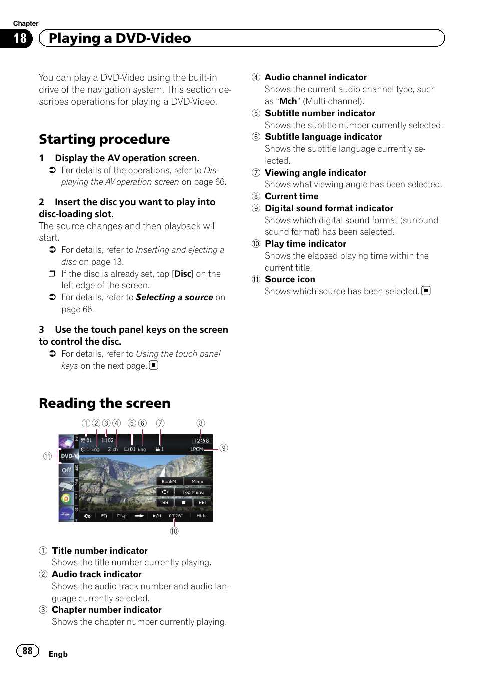Playing a dvd-video starting procedure, Reading the screen, Starting procedure | 18 playing a dvd-video | Pioneer AVIC-F8430BT User Manual | Page 88 / 208