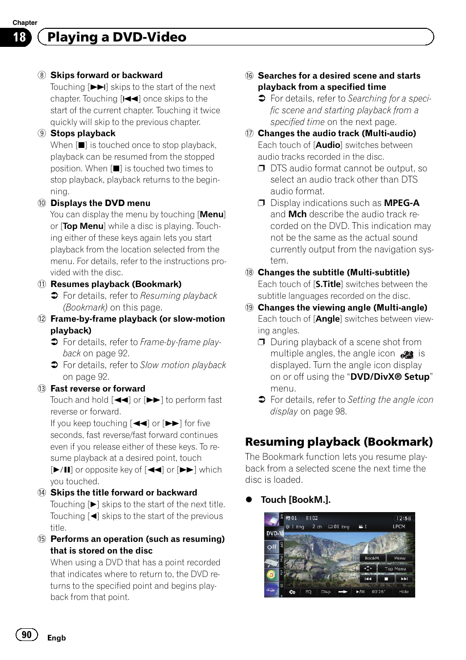 Resuming playback (bookmark) 90, 18 playing a dvd-video, Resuming playback (bookmark) | Pioneer AVIC-F8430BT User Manual | Page 90 / 208