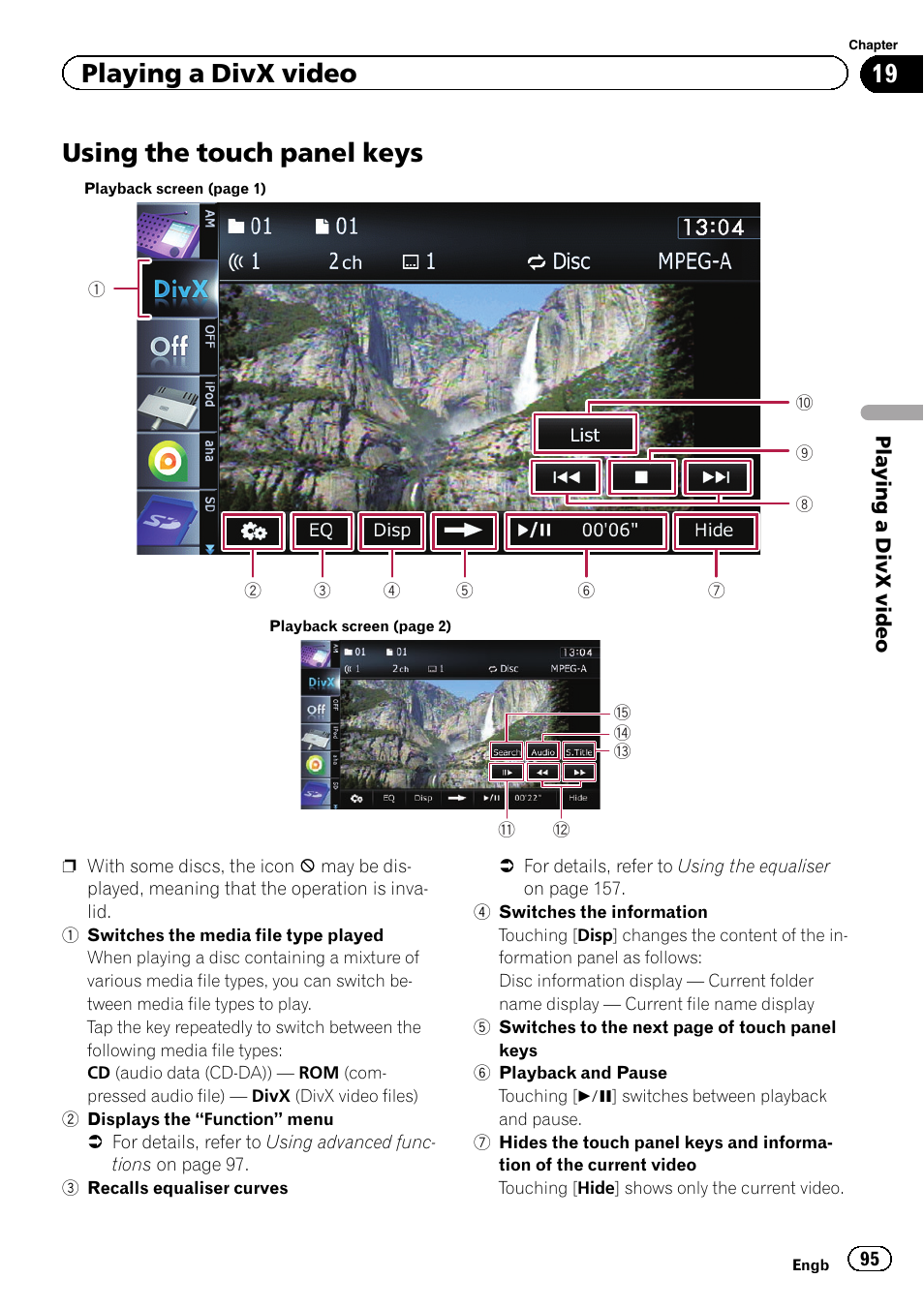 Using the touch panel keys, Using the touch panel, Playing a divx video | Pioneer AVIC-F8430BT User Manual | Page 95 / 208