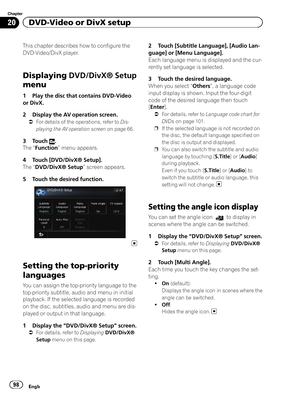 Setting the top-priority languages, Setting the angle icon display, Setting the angle icon | Displaying dvd/divx® setup menu, 20 dvd-video or divx setup | Pioneer AVIC-F8430BT User Manual | Page 98 / 208