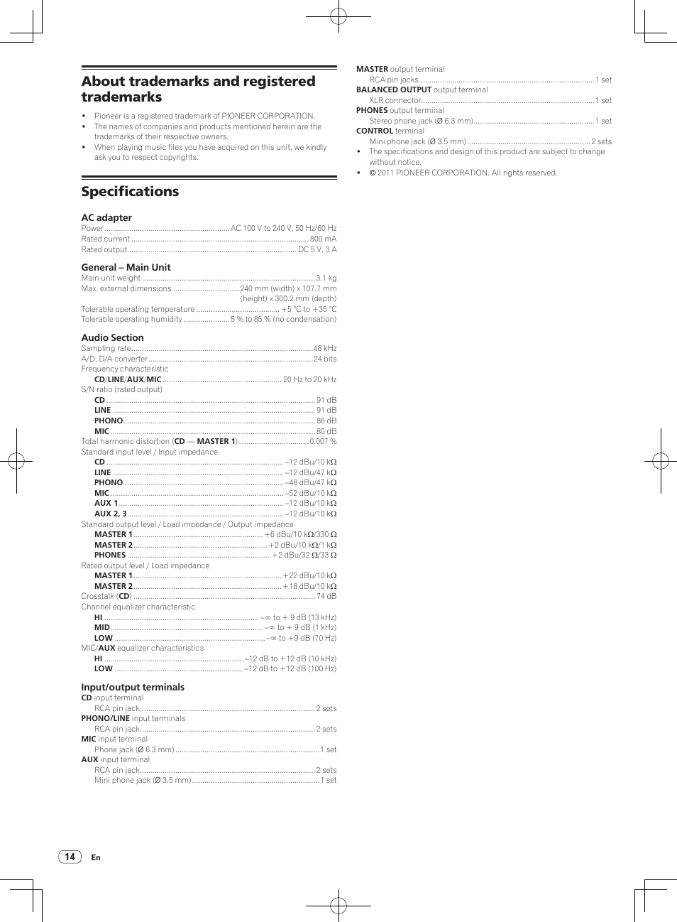 About trademarks and registered trademarks, Specifications | Pioneer DJM-250 User Manual | Page 14 / 43