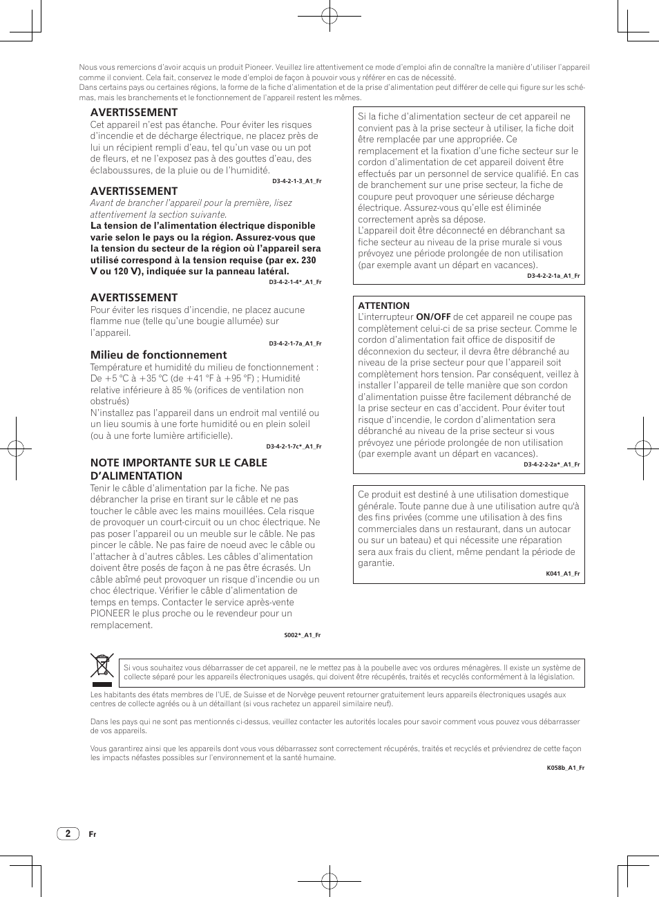 Avertissement, Milieu de fonctionnement | Pioneer DJM-250 User Manual | Page 16 / 43