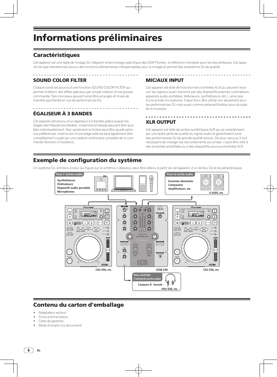 Informations préliminaires, Caractéristiques, Exemple de configuration du système | Contenu du carton d’emballage, Sound color filter, Égaliseur à 3 bandes, Mic/aux input, Xlr output, Multi player, 2 channel dj mixer | Pioneer DJM-250 User Manual | Page 18 / 43