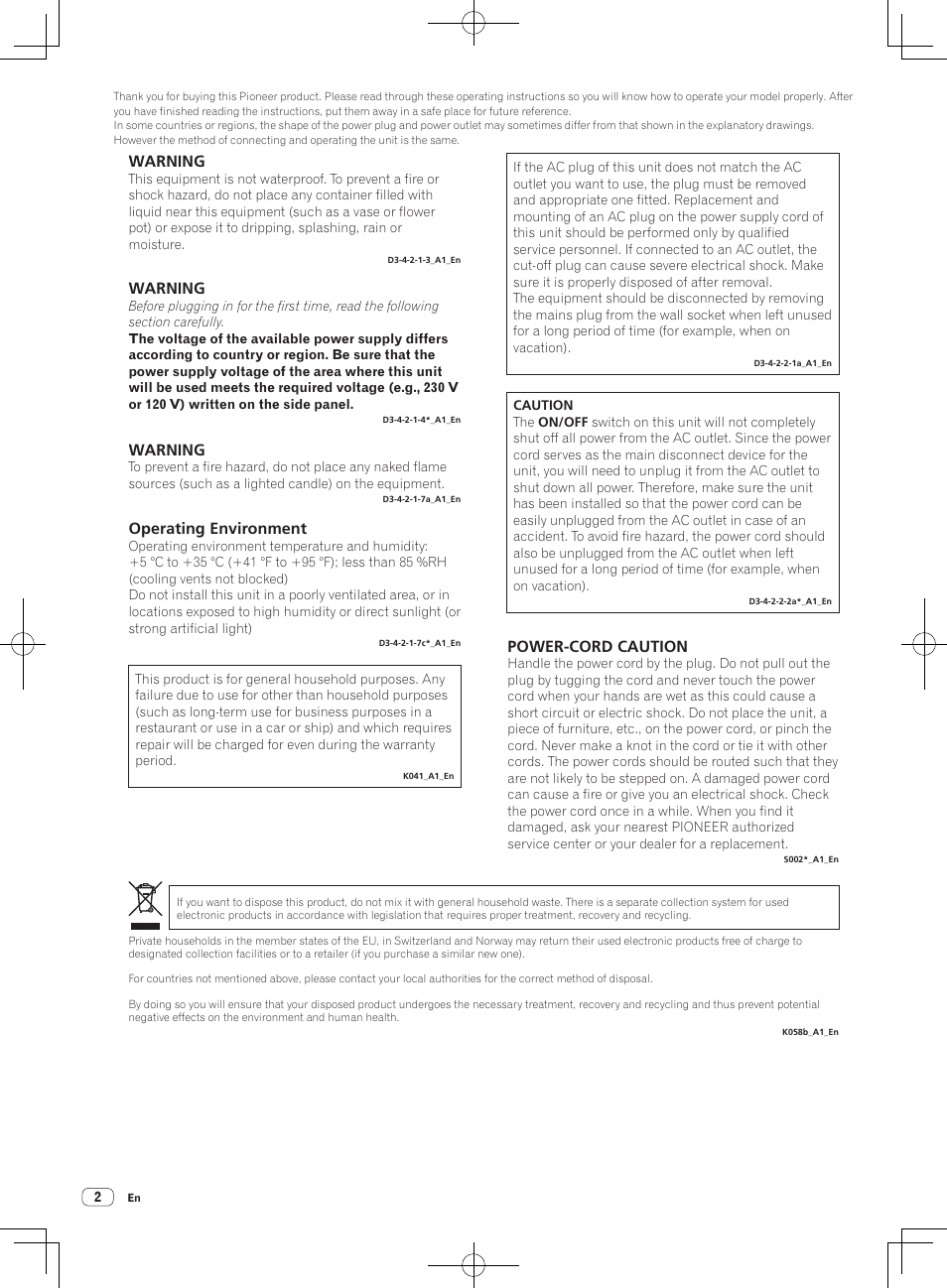 Warning, Operating environment, Power-cord caution | Pioneer DJM-250 User Manual | Page 2 / 43