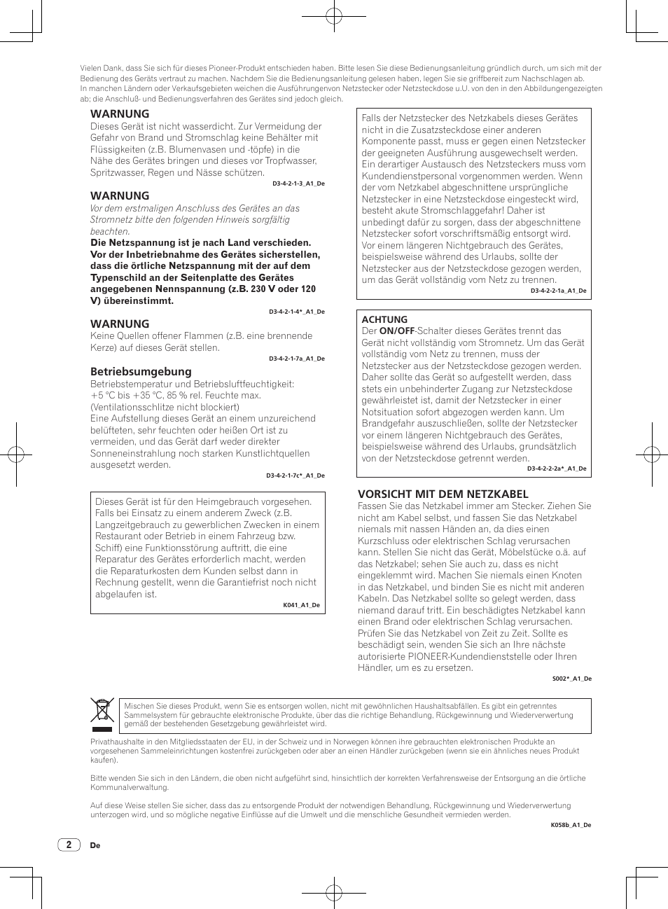 Warnung, Betriebsumgebung, Vorsicht mit dem netzkabel | Pioneer DJM-250 User Manual | Page 30 / 43
