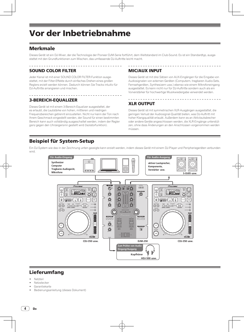 Vor der inbetriebnahme, Merkmale, Beispiel für system-setup | Lieferumfang, Sound color filter, Bereich-equalizer, Mic/aux input, Xlr output, Multi player, 2 channel dj mixer | Pioneer DJM-250 User Manual | Page 32 / 43
