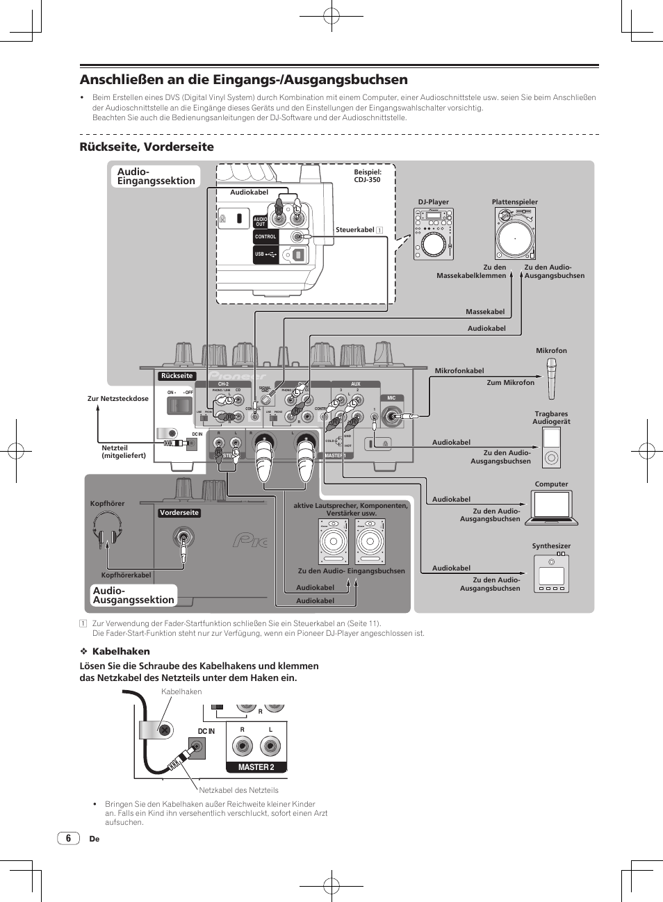 Anschließen an die eingangs-/ausgangsbuchsen, Rückseite, vorderseite, Audio- eingangssektion | Audio- ausgangssektion | Pioneer DJM-250 User Manual | Page 34 / 43