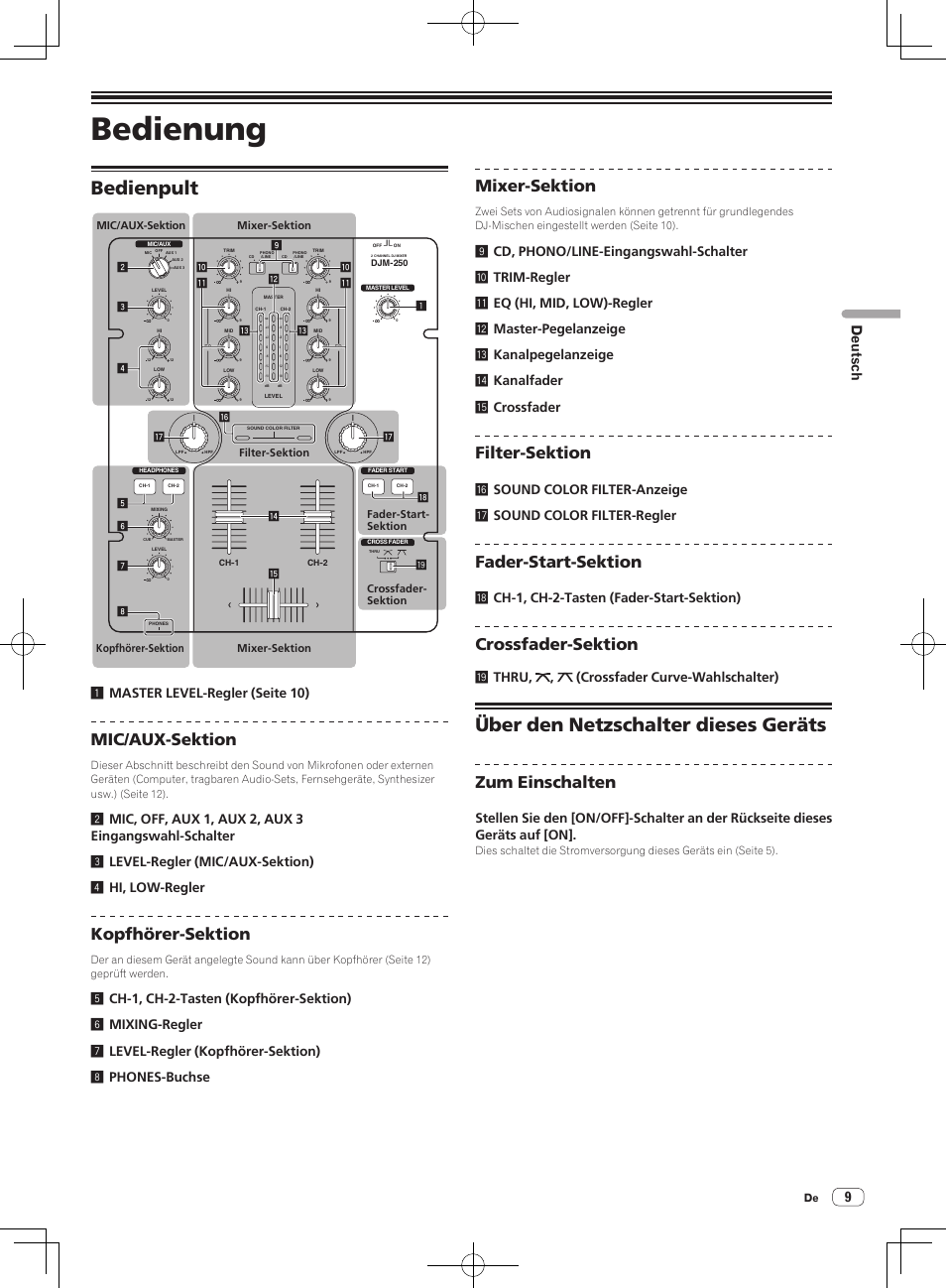 Bedienung, Bedienpult, Über den netzschalter dieses geräts | Mic/aux-sektion, Kopfhörer-sektion, Mixer-sektion, Filter-sektion, Fader-start-sektion, Crossfader-sektion, Zum einschalten | Pioneer DJM-250 User Manual | Page 37 / 43