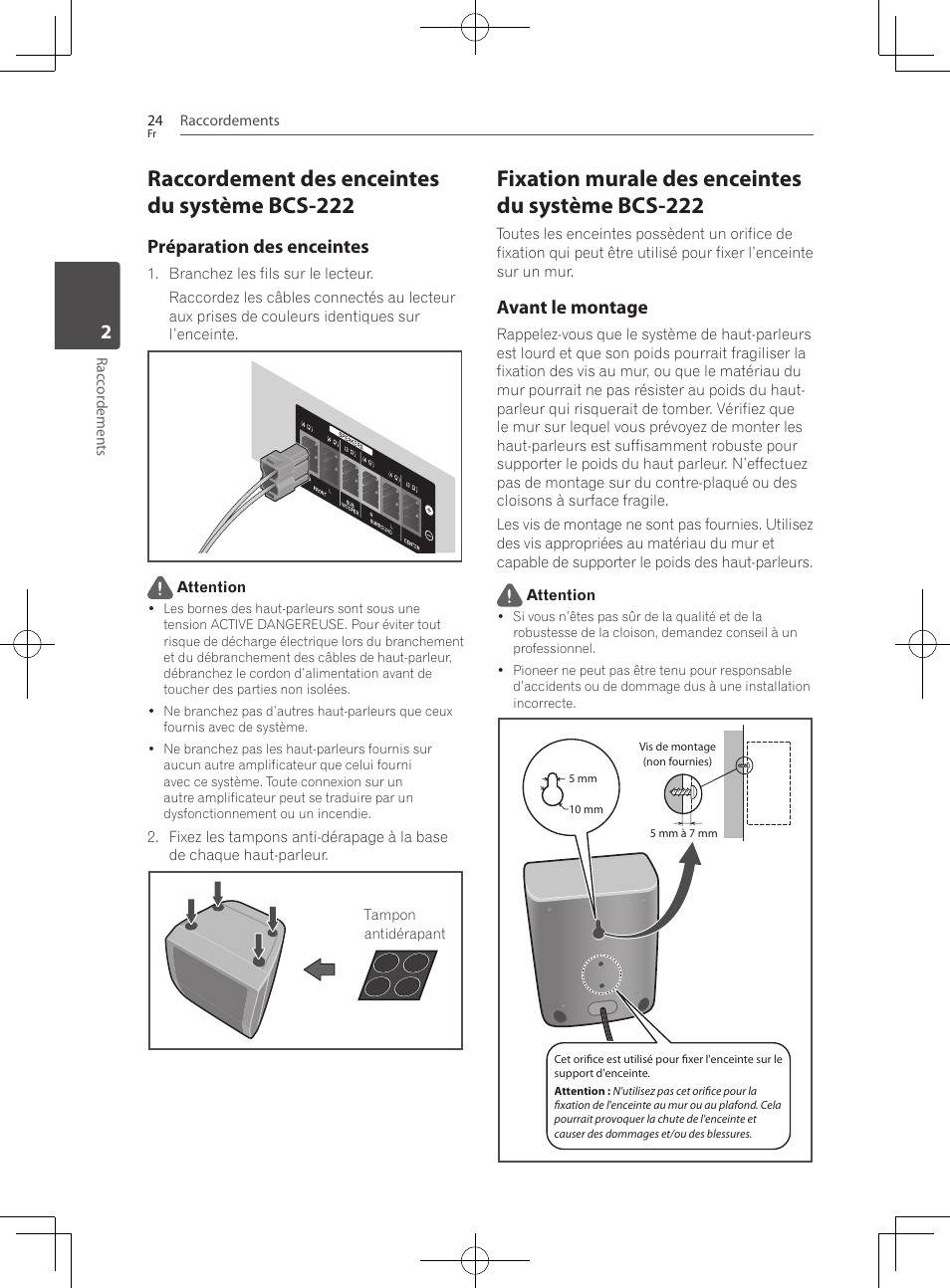 Raccordement des enceintes du système bcs-222, Fixation murale des enceintes du système bcs-222, Préparation des enceintes | Avant le montage | Pioneer BCS-222 User Manual | Page 100 / 468
