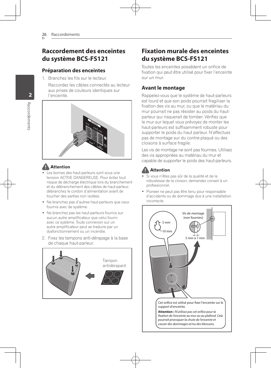 Raccordement des enceintes du système bcs-fs121, Fixation murale des enceintes du système bcs-fs121, Préparation des enceintes | Avant le montage | Pioneer BCS-222 User Manual | Page 102 / 468