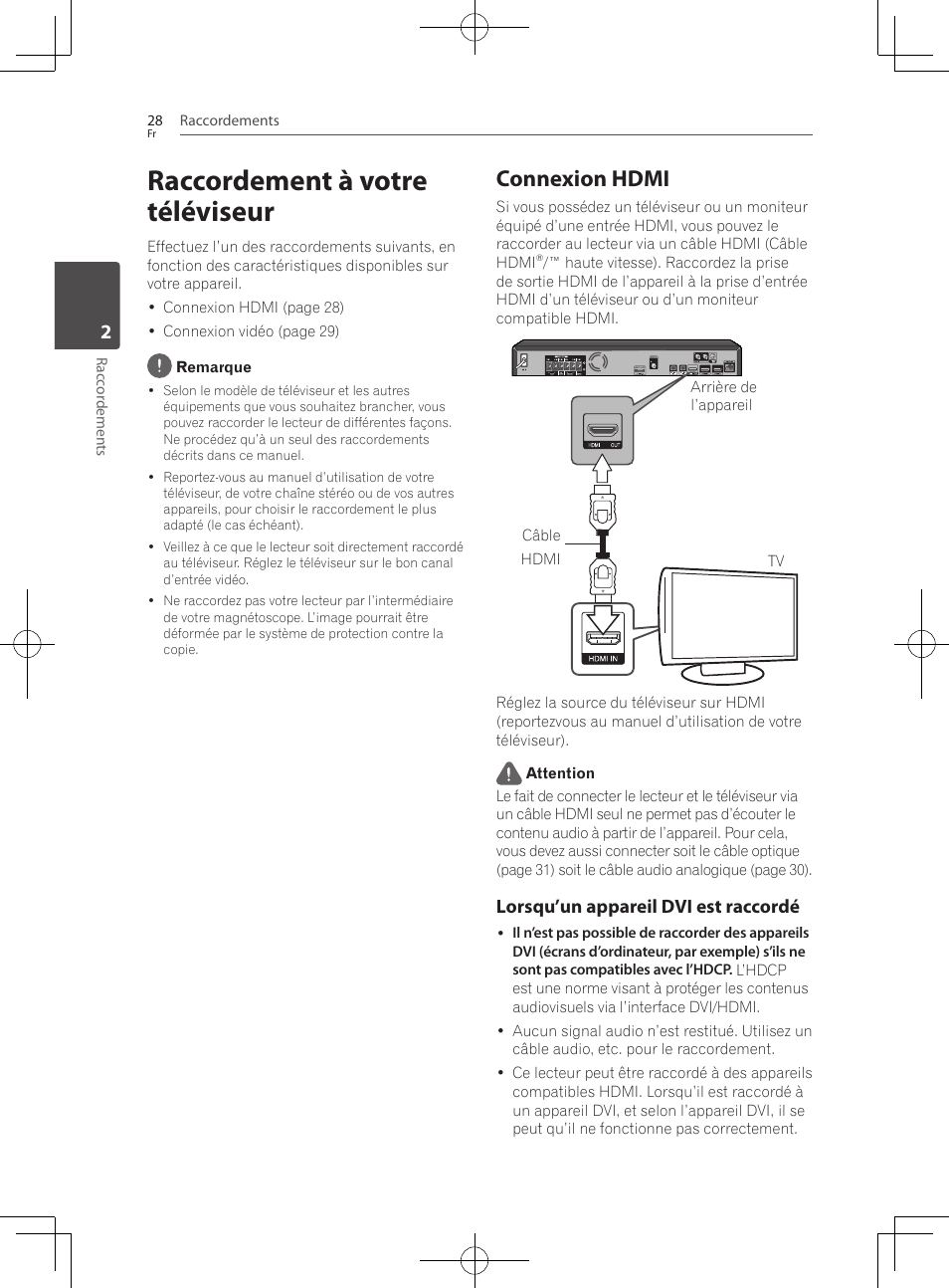 Raccordement à votre téléviseur, Connexion hdmi, Lorsqu’un appareil dvi est raccordé | Pioneer BCS-222 User Manual | Page 104 / 468