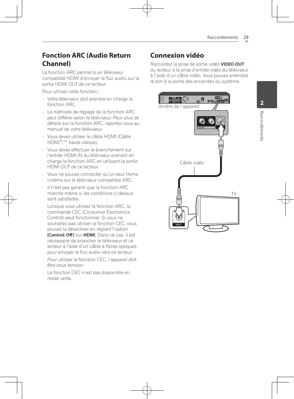 Fonction arc (audio return channel), Connexion vidéo | Pioneer BCS-222 User Manual | Page 105 / 468