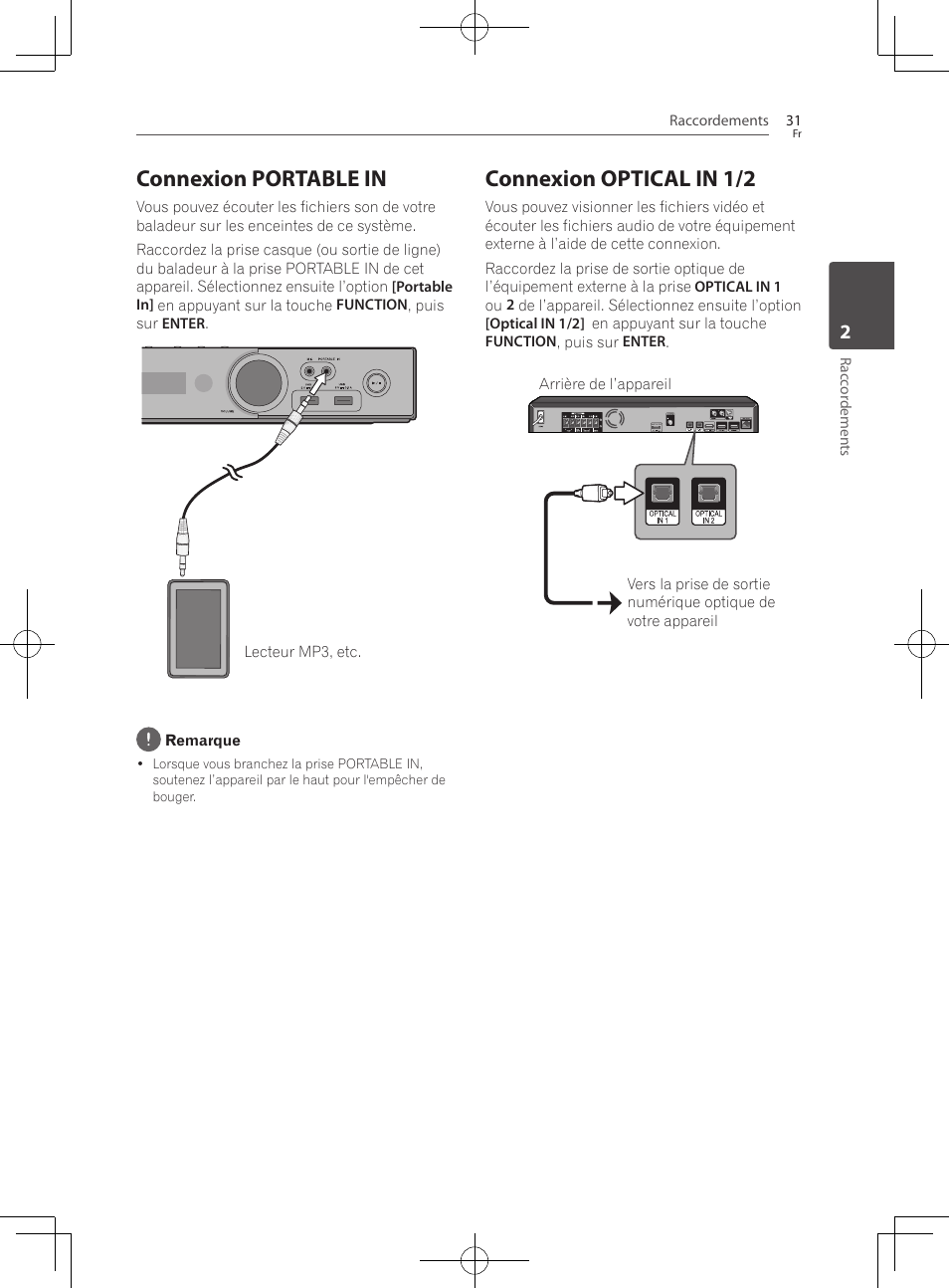 Connexion portable in, Connexion optical in 1/2 | Pioneer BCS-222 User Manual | Page 107 / 468