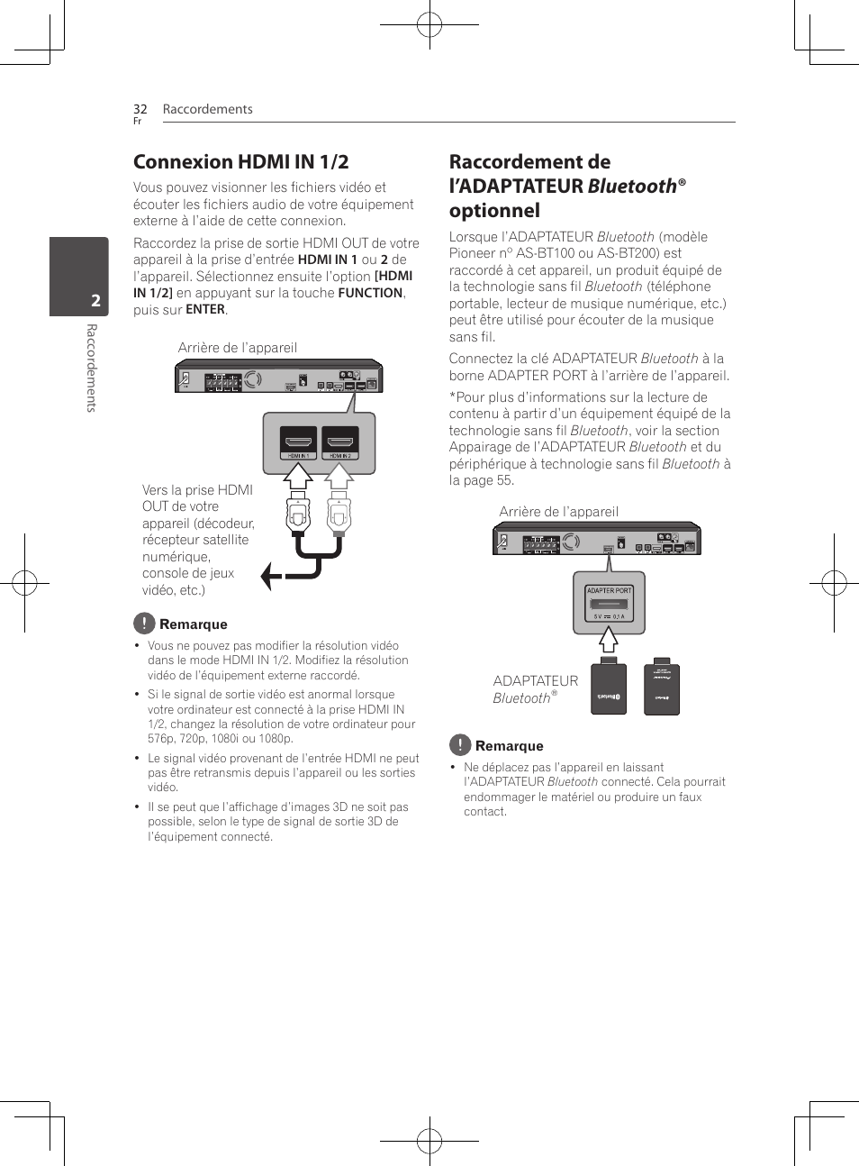 Connexion hdmi in 1/2, Raccordement de l’adaptateur bluetooth ® optionnel | Pioneer BCS-222 User Manual | Page 108 / 468