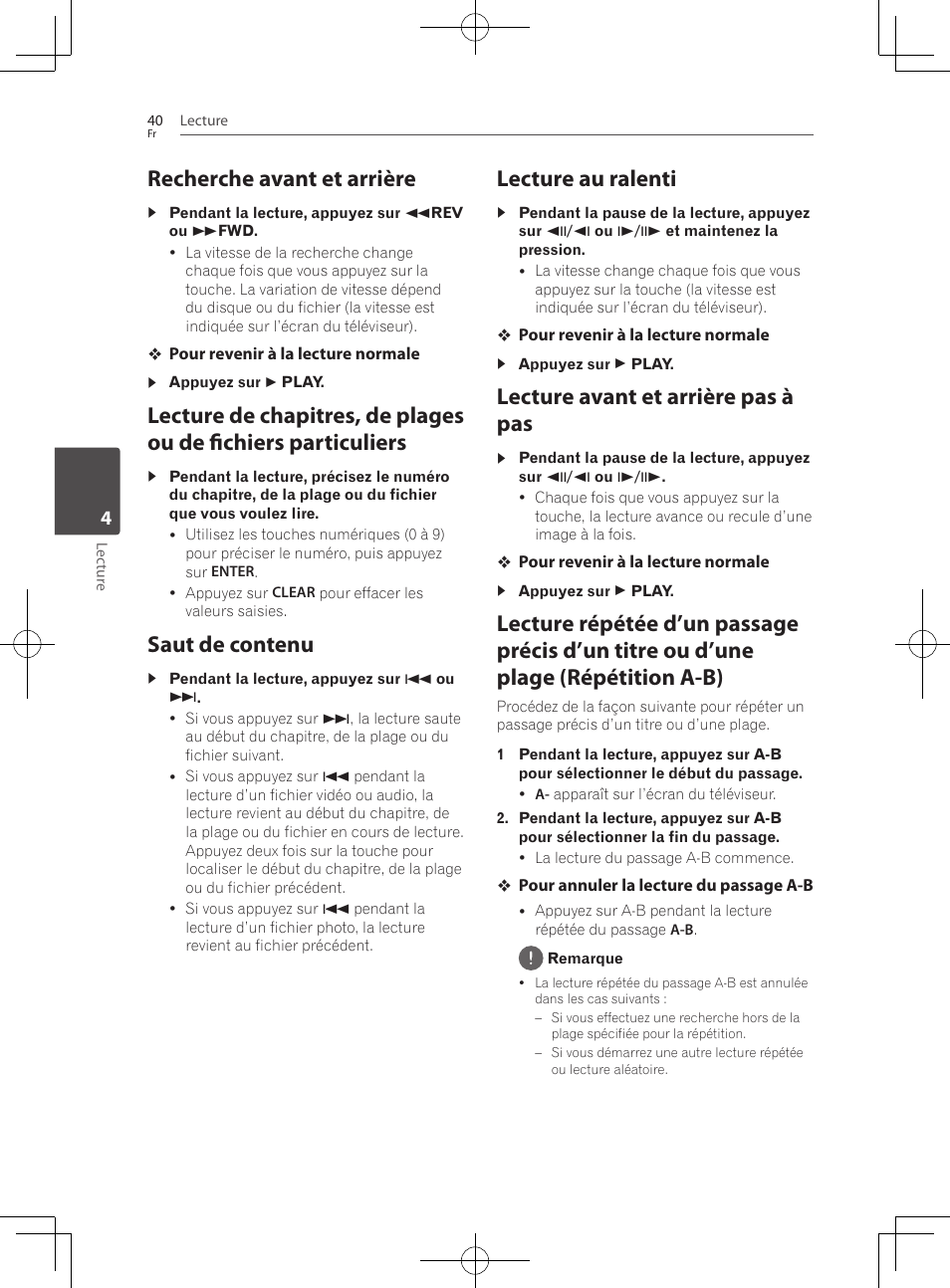 Recherche avant et arrière, Saut de contenu, Lecture au ralenti | Lecture avant et arrière pas à pas | Pioneer BCS-222 User Manual | Page 116 / 468